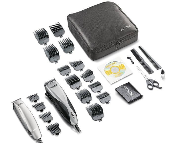 Andis Promotor kit features 27 tools for men's grooming needs.